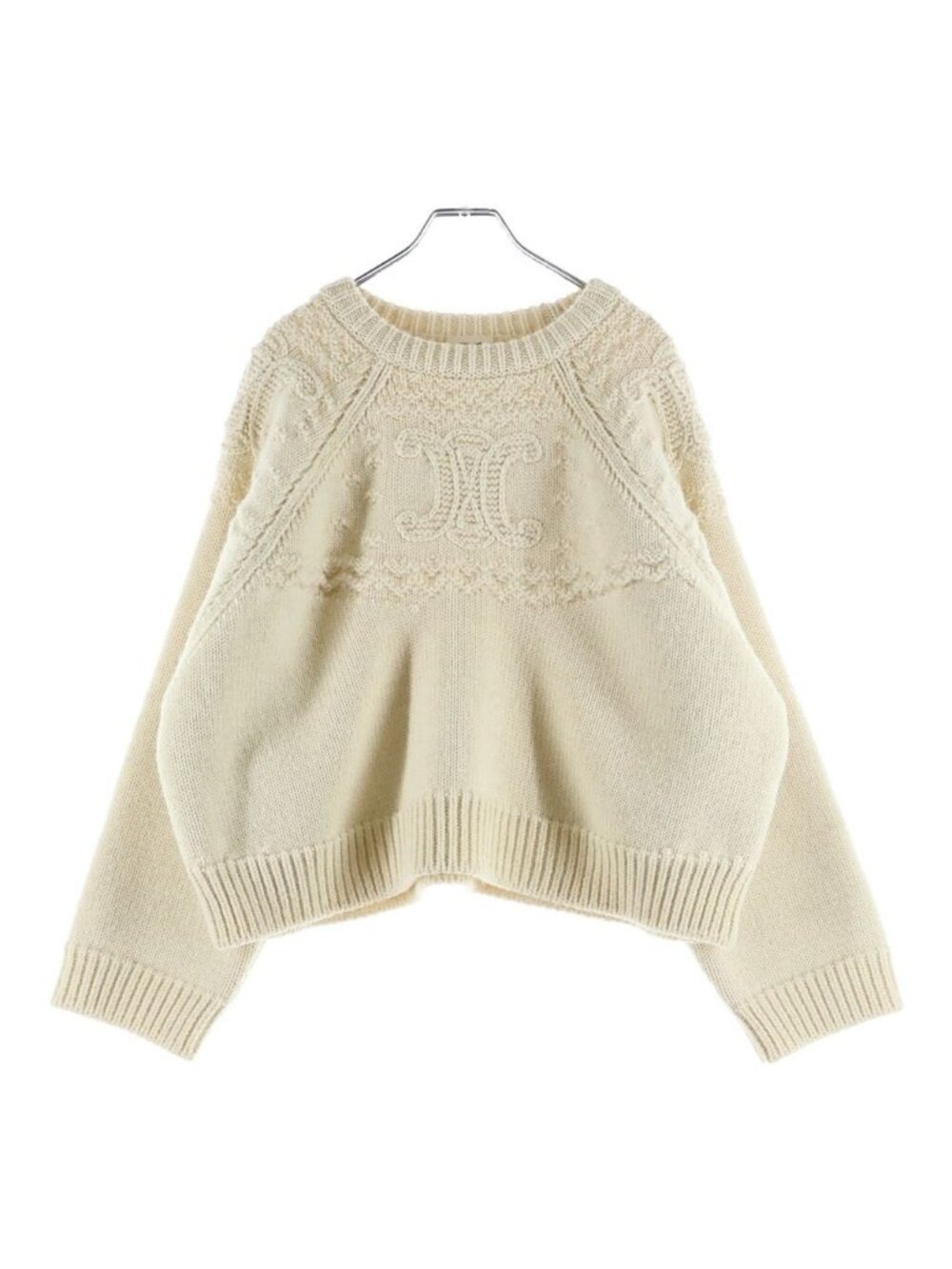 Celine Wool Triomphe Crew Neck Fisherman Knit Ivory Sweater